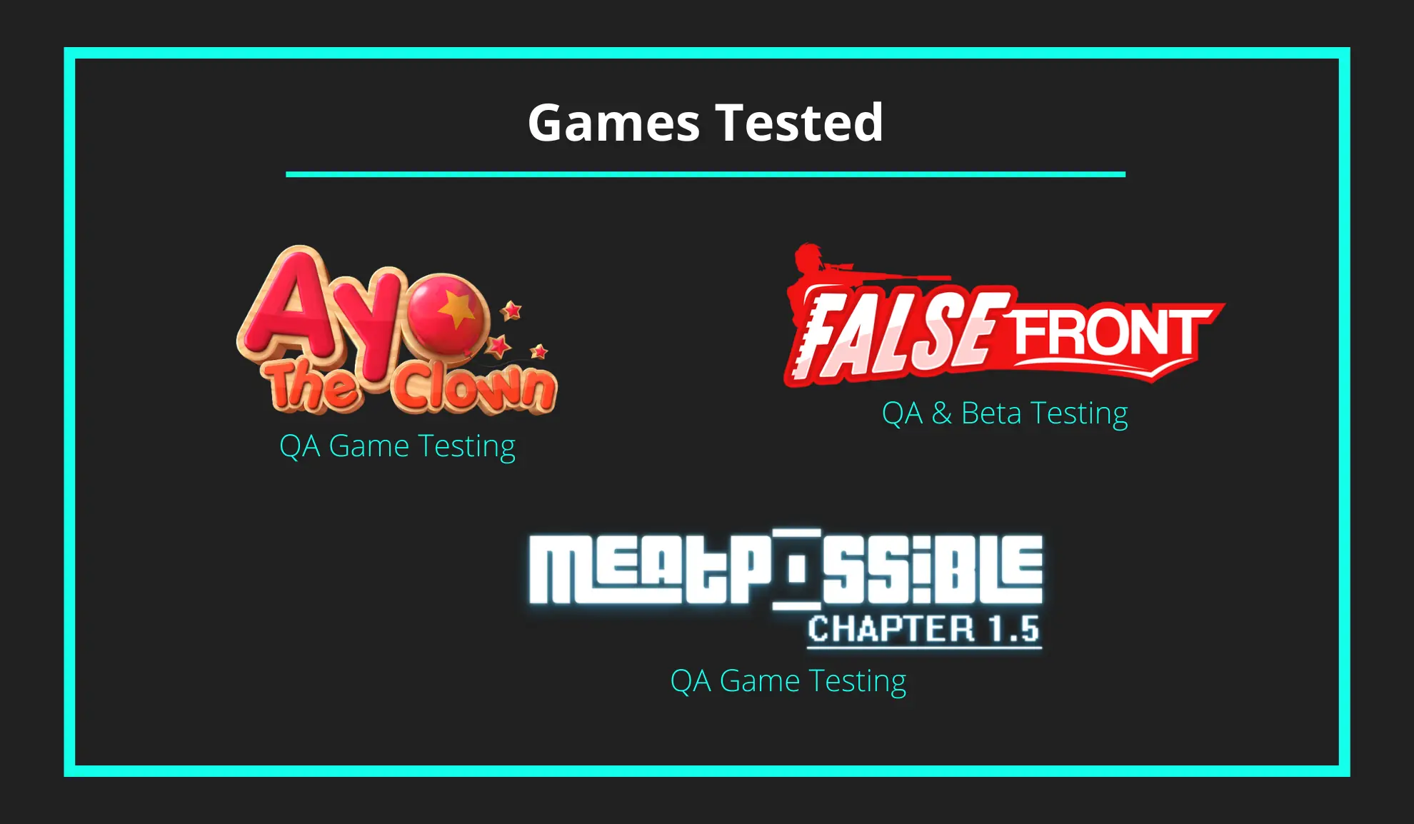 Image with the logos of some games I have worked on: Ayo the Clown, False Front, Meatpossible Chapter 1.5